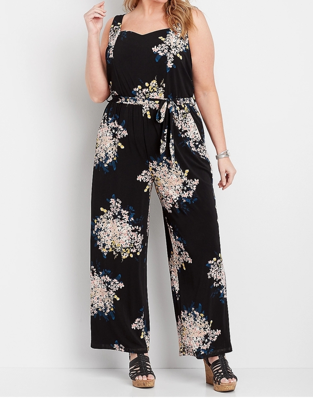 Maurices Black Floral Wide-Leg Sleeveless Jumpsuit